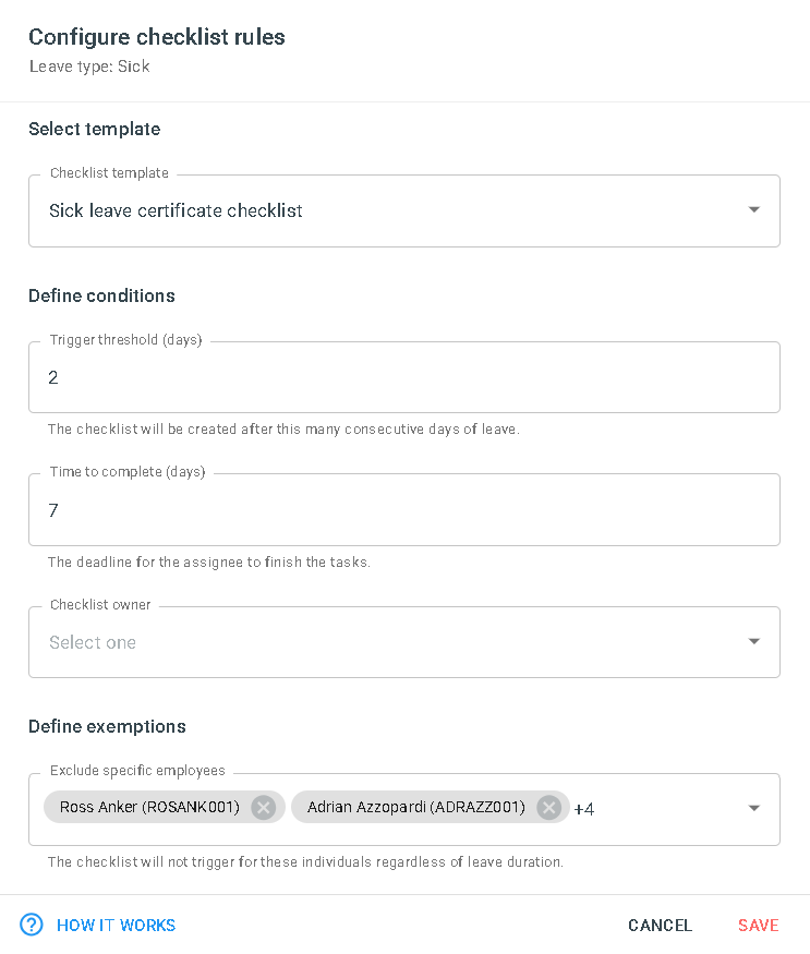 Exmaple of a created checklist rule