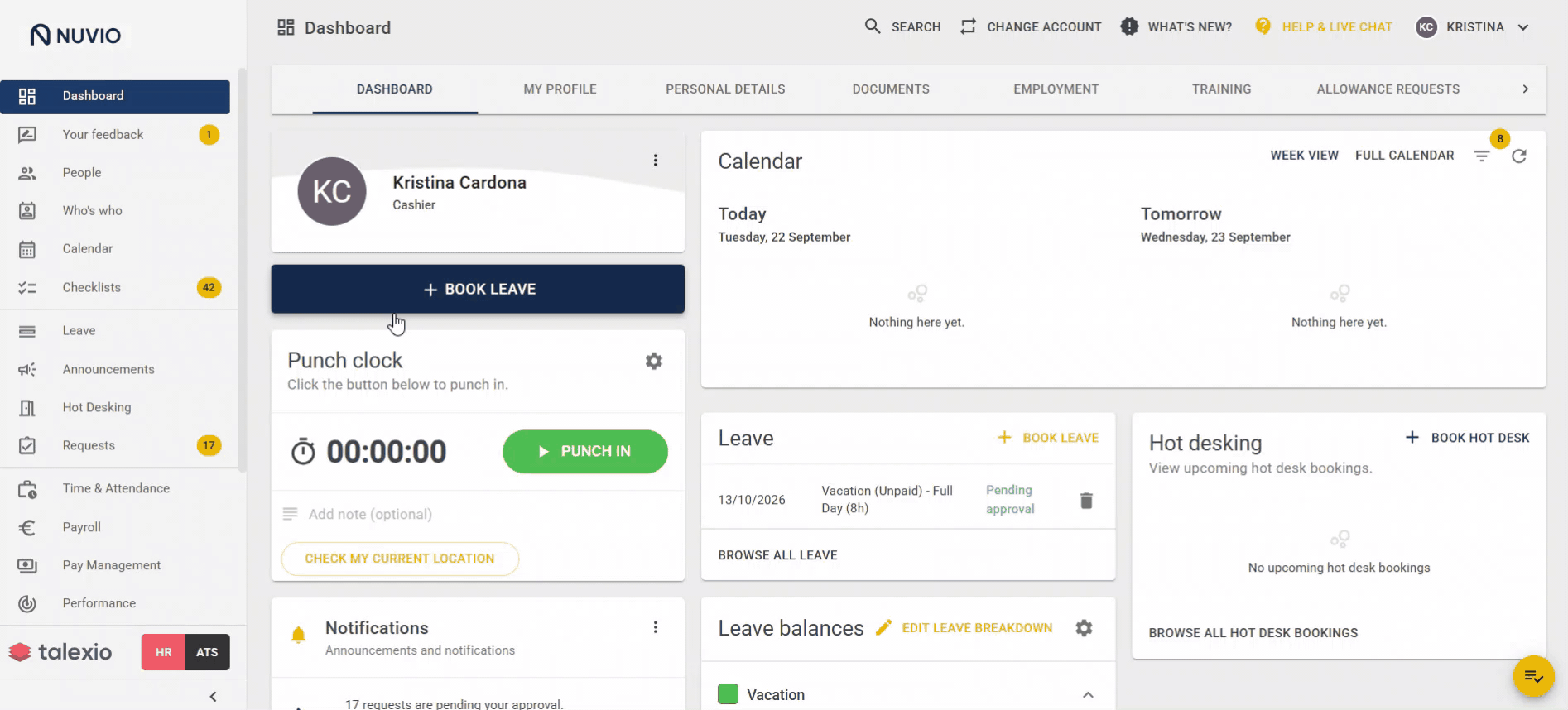 Booking Leave from Dashboard